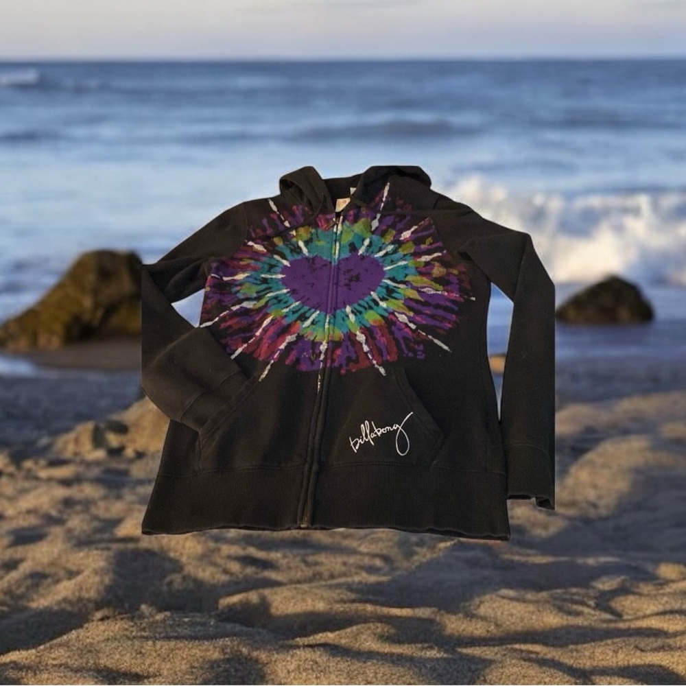 VINTAGE Black Billabong Full Zip Hoodie  Hand painted Center Design, size Medium - Picture 3 of 12